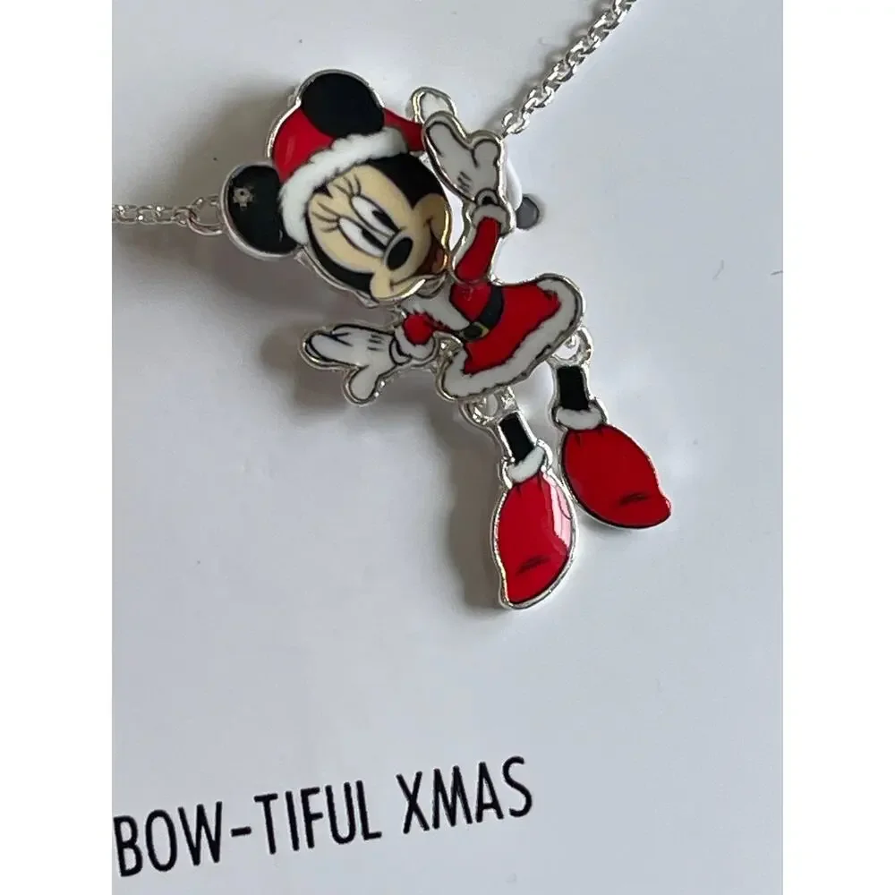 Disney Minnie Mouse Moveable Silver Plated Bow Tiful Xmas Christmas Necklace NEW